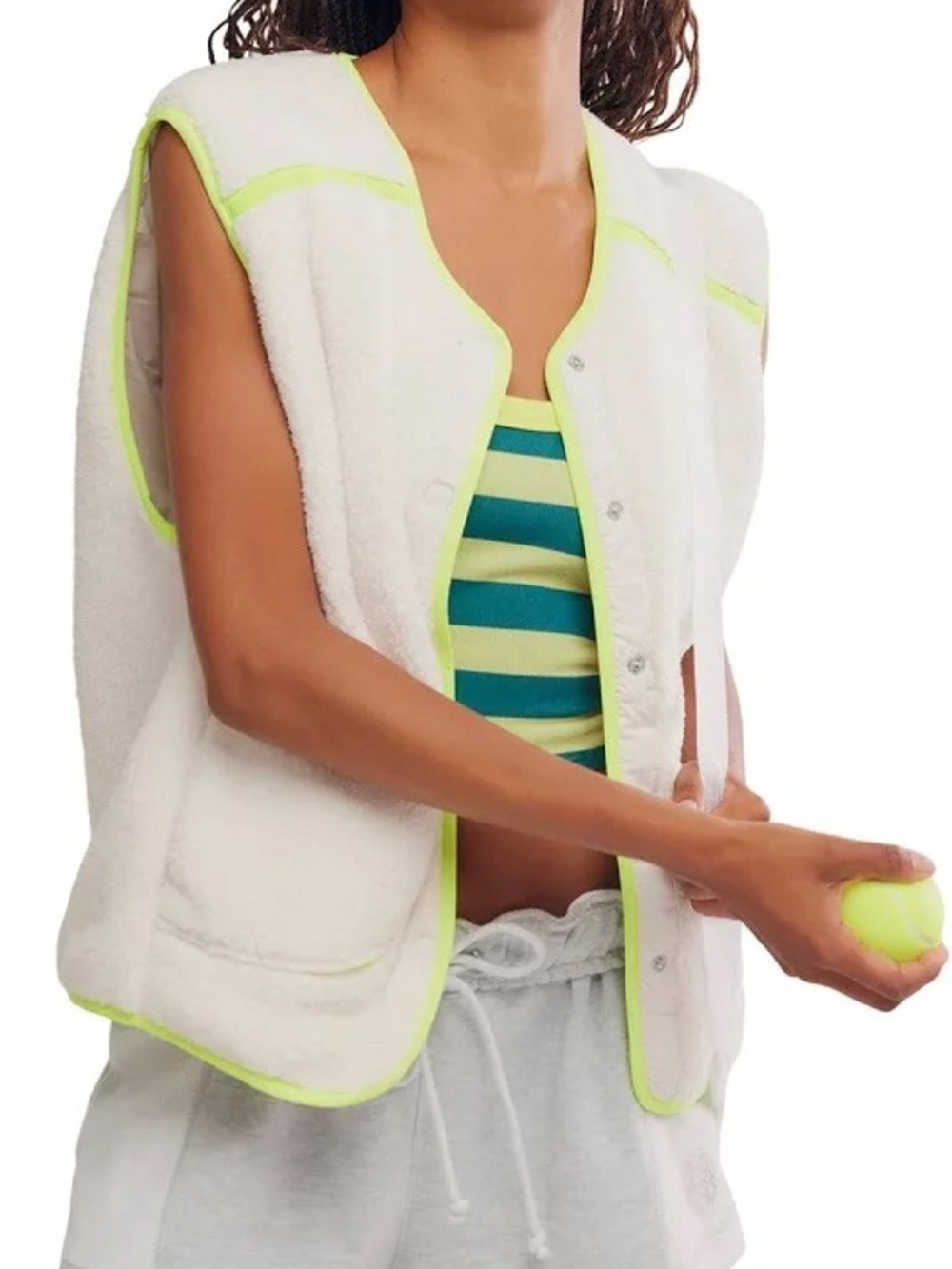 FP Movement Mountain High Fleece Vest Ivory Neon Yellow Women’s M Oversized NWT